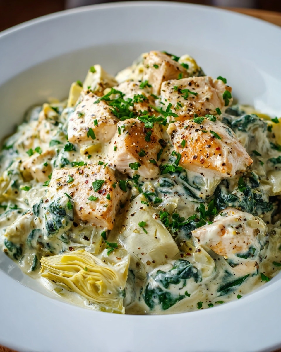 The dish shows a creamy mix of several layers: golden-brown grilled chicken pieces on top, nestled among soft, light yellow quartered artichoke hearts, and dark green wilted spinach leaves, all covered in a thick, white creamy sauce speckled with cracked black pepper and red chili flakes. Fresh chopped green herbs are sprinkled across the entire dish, adding a bright touch of color. Everything is served in a white bowl on a white marbled texture surface. photo taken with an iphone --ar 4:5 --v 7