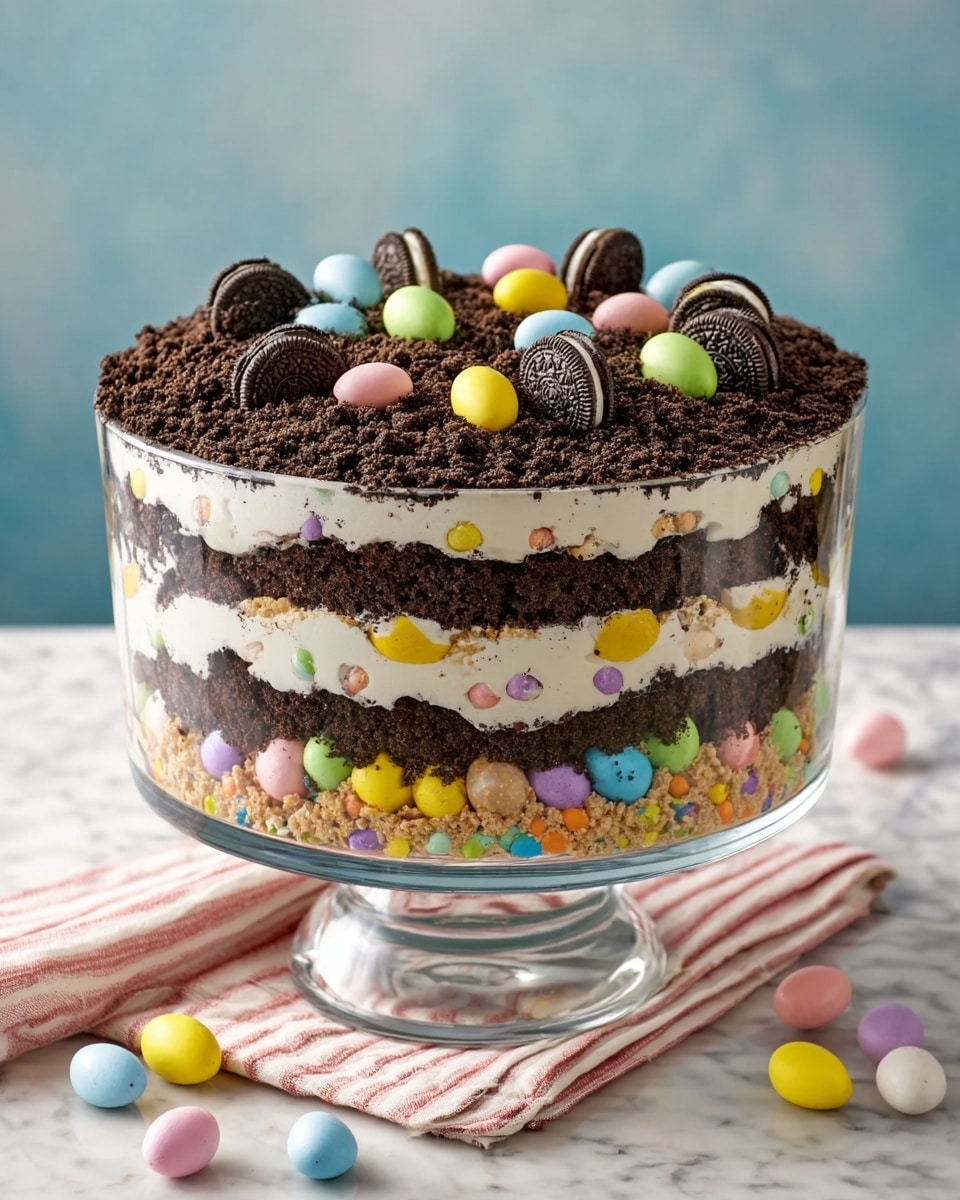 A clear glass trifle bowl holds a layered dessert with five layers of dark chocolate cookie crumbs and four layers of white cream mixed with pastel-colored candy eggs in pink, yellow, blue, green, and purple. The top layer is dark chocolate cookie crumbs decorated with whole mini Oreos and larger candy eggs in bright pink, yellow, blue, and green colors. The bowl is placed on a white marbled surface next to a striped cloth with pink, blue, yellow, and green lines. The background has a soft gradient of pale blue to light beige. Photo taken with an iphone --ar 4:5 --v 7