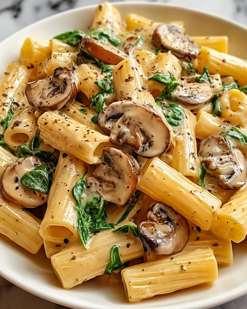 A close-up view of a white plate filled with creamy rigatoni pasta mixed with sliced brown mushrooms and green spinach leaves. The sauce is light beige, thick, and coats the pasta and mushrooms evenly, with visible black pepper specks scattered throughout. The rigatoni pasta is yellowish and tube-shaped with ridges, and the mushrooms are glossy with a soft texture. The spinach adds a fresh green contrast spread sporadically. The plate sits on a white marbled surface. photo taken with an iphone --ar 4:5 --v 7