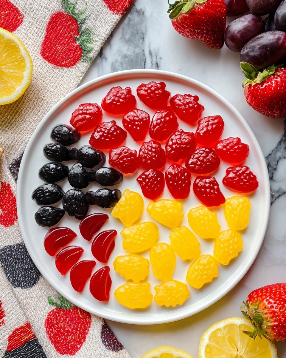The image shows five neat rows of colorful fruit-shaped gummy candies arranged on a metal cooling rack over a wooden surface. The top two rows feature bright red strawberry-shaped gummies with small details like seeds and stems. Below, there are two rows of shiny orange pineapple-shaped gummies with a textured surface to mimic the fruit’s pattern. The fourth row contains red and pink semicircle watermelon-shaped gummies with tiny black seed-like dots inside. The bottom row displays dark purple round grape-shaped gummies with a glossy finish. The candies have a shiny, smooth texture and are evenly spaced. photo taken with an iphone --ar 4:5 --v 7