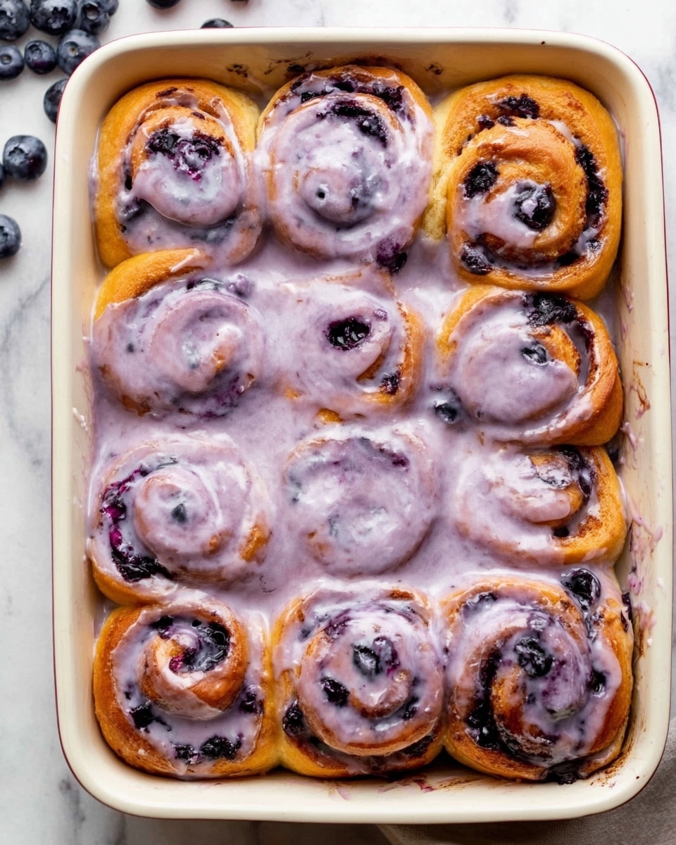 The image shows a white baking dish full of nine soft cinnamon rolls arranged in three rows of three. Each roll is golden brown and has a spiral shape with visible dark spots, likely blueberries. The rolls are generously covered with a thick, creamy purple glaze that looks smooth and slightly glossy, dripping over the sides and filling the spaces between the rolls. The background is a white marbled surface with some scattered blueberries visible in the top left corner. photo taken with an iphone --ar 4:5 --v 7
