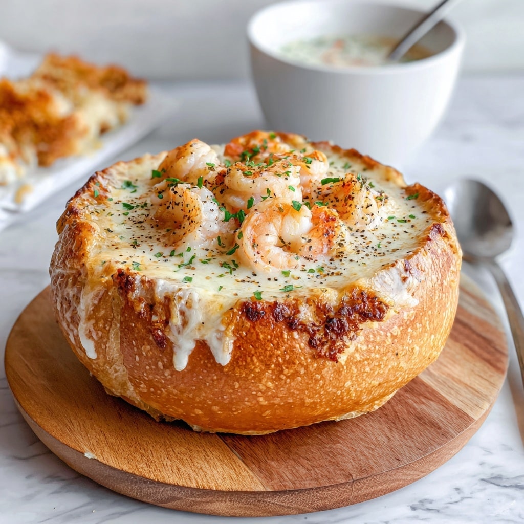 A round bread bowl with a golden brown crust, filled to the top with creamy white melted cheese sauce that slightly overflows and drips down the side. On the surface, there are plump, pink grilled shrimp scattered around, sprinkled with green chopped herbs. The bread bowl sits on a stone gray plate with a few crumbs around it, and the background features a white marbled texture. photo taken with an iphone --ar 4:5 --v 7