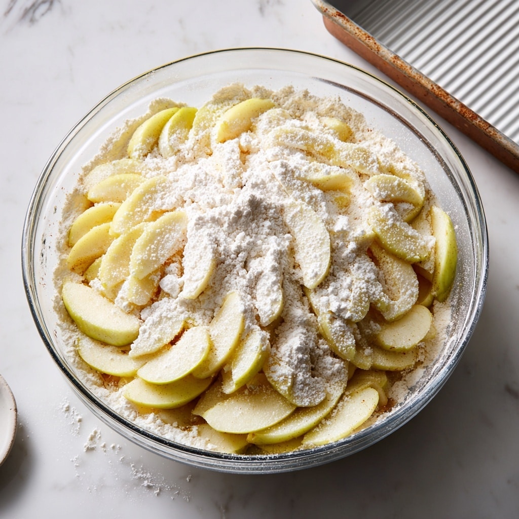A clear glass bowl sits on a white marbled surface, filled with slices of peeled apple arranged in a layered pile. The apples are pale yellow and are covered generously with a white powder, likely flour or sugar, creating a soft dusted look on top. The bowl shows bits of the mixture clinging to the sides. To the right, a white baking tray with ridges is partially visible. Photo taken with an iphone --ar 4:5 --v 7