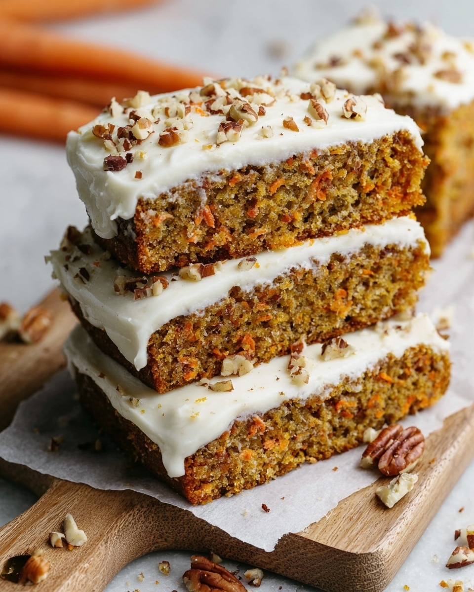 The image shows three stacked slices of carrot cake with visible bits of orange carrot and brown nuts inside the moist golden-brown cake layers. Each slice is topped with a thick, smooth layer of creamy white frosting that slightly drips over the edges, sprinkled with small pieces of chopped nuts. The slices rest on a piece of parchment paper on a white marbled surface with some scattered whole and chopped pecans nearby. A wooden cutting board and some carrot tops are blurred in the background. Photo taken with an iphone --ar 4:5 --v 7