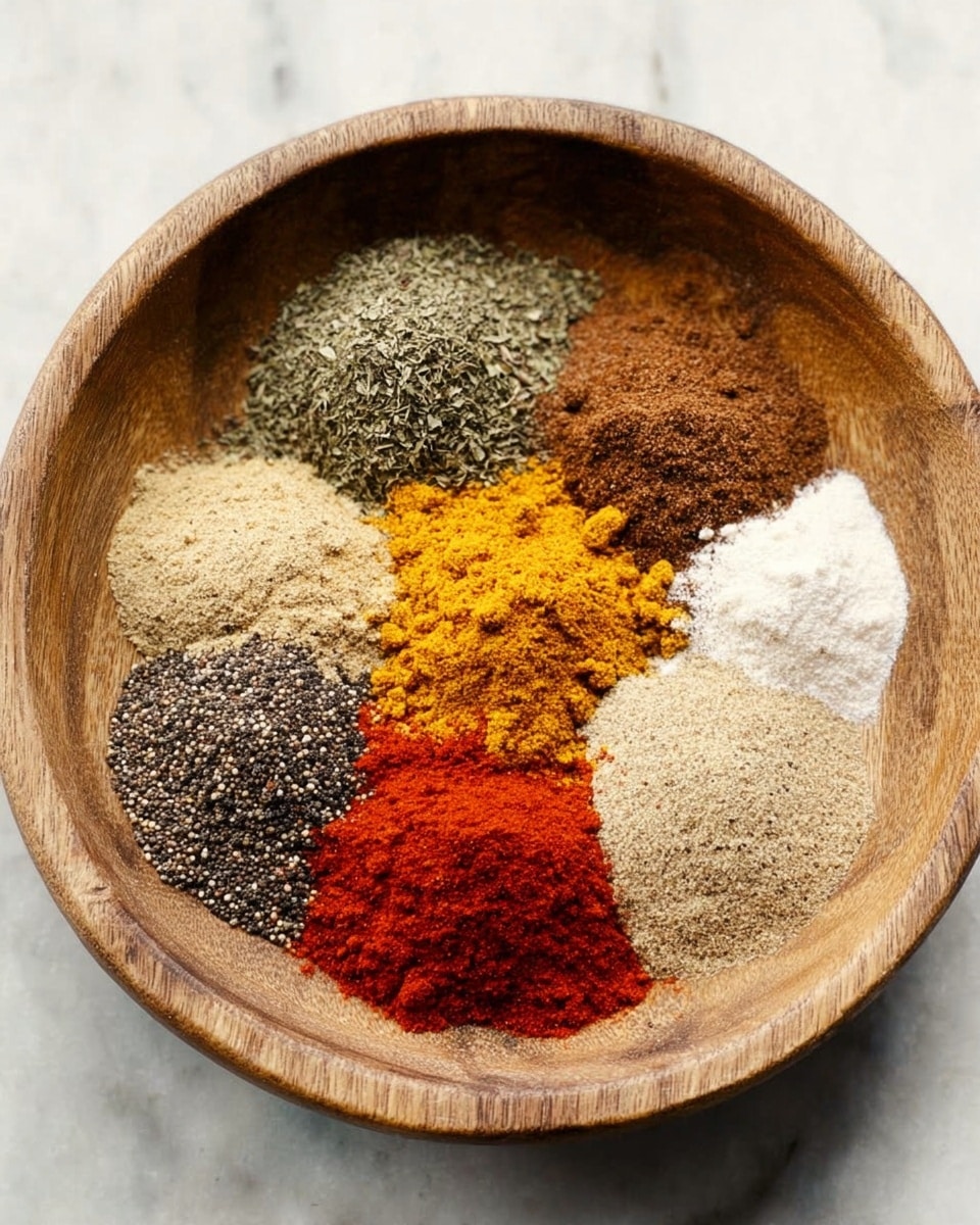 A wooden bowl filled with eight different spices arranged in small piles that almost touch each other, each pile showing a distinct color and texture; starting from the top and moving clockwise, there is a dark green dried herb, a light to dark brown ground spice, a pile of coarse gray and black pepper, a rich brown ground spice, a fine white powder, a light beige powder, a bright orange-yellow powder in the center, and a bright red powder. The bowl is set on a white marbled surface, highlighting the vibrant colors of the spices. Photo taken with an iphone --ar 4:5 --v 7