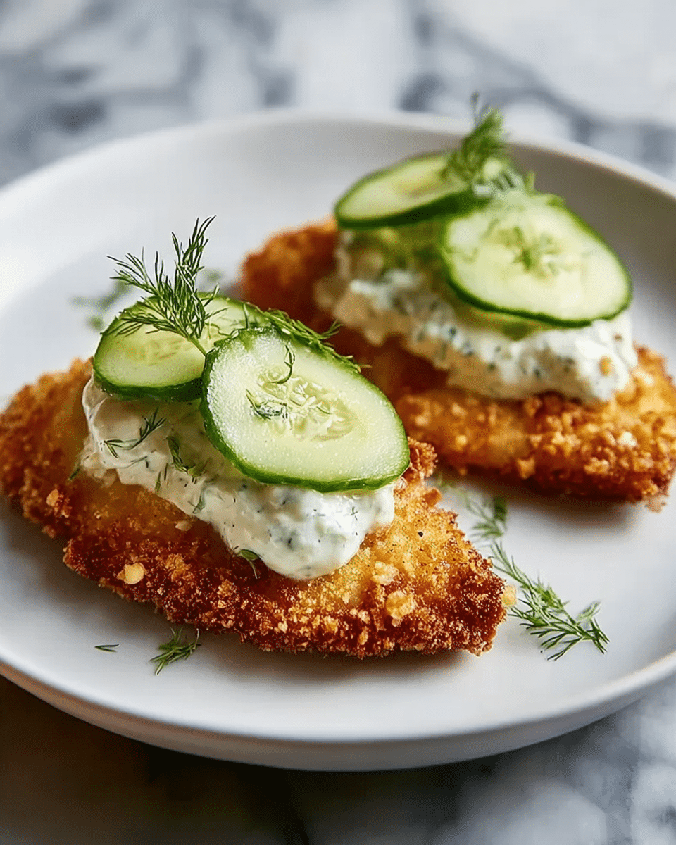 The dish shows two pieces of golden brown fried fish fillets with a crisp, textured crust on a white plate, each topped with a dollop of thick white sauce that looks creamy and slightly chunky. On top of the sauce, there are two thin, translucent slices of cucumber on each fillet and a small sprig of fresh green dill adding a touch of color. The plate is placed on a white marbled surface. photo taken with an iphone --ar 4:5 --v 7