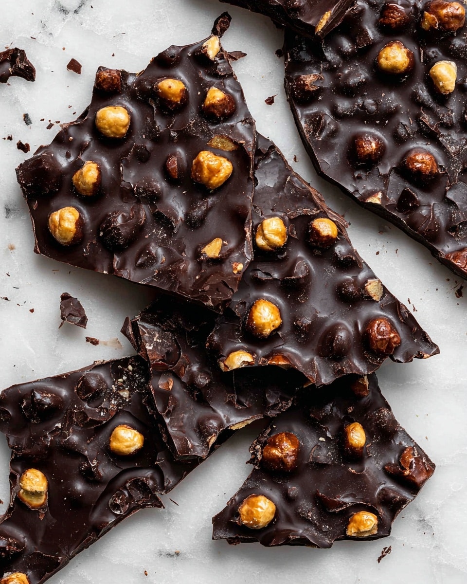 Broken pieces of dark chocolate bark are spread out on a white marbled textured surface. The bark has one visible layer of glossy dark chocolate filled with round golden-brown hazelnuts that create a bumpy texture all over. The edges of the bark pieces are rough and uneven, with small chocolate crumbs scattered around. The overall color is deep dark brown with highlights from the shiny chocolate and a contrast from the golden nuts inside. photo taken with an iphone --ar 4:5 --v 7