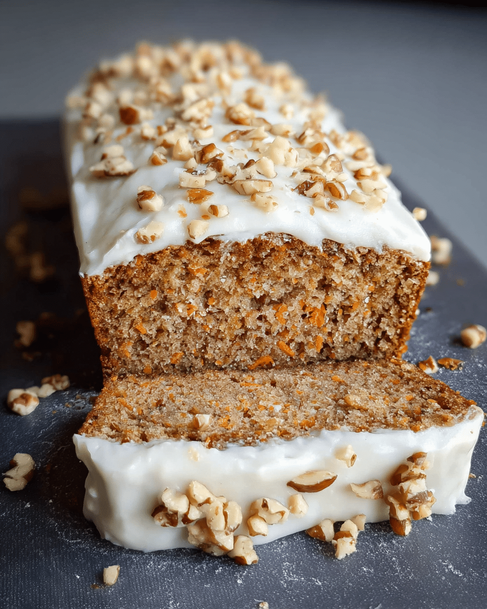 A loaf-shaped cake with one thick slice cut and placed in front, showing a dense, moist texture with visible bits of nuts and carrots inside the light brown cake. The entire cake is topped and coated on the sides with a thick layer of smooth white frosting that slightly drips down, sprinkled generously with chopped light brown nuts on top and around the base. The cake sits on a flat, dark surface with a few crumbs scattered around. photo taken with an iphone --ar 4:5 --v 7