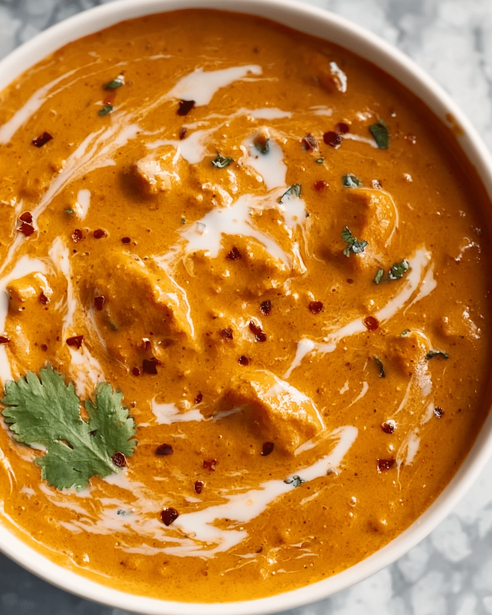 A close-up view of a creamy orange curry dish with small chunks of food mixed in, served in a white bowl. The sauce has a smooth texture with visible swirls of white cream on top, giving a marbled effect. Small red pepper flakes are scattered across the surface, and a small green cilantro leaf is placed near the edge, adding a pop of color. The bowl rests on a white marbled surface. photo taken with an iphone --ar 4:5 --v 7