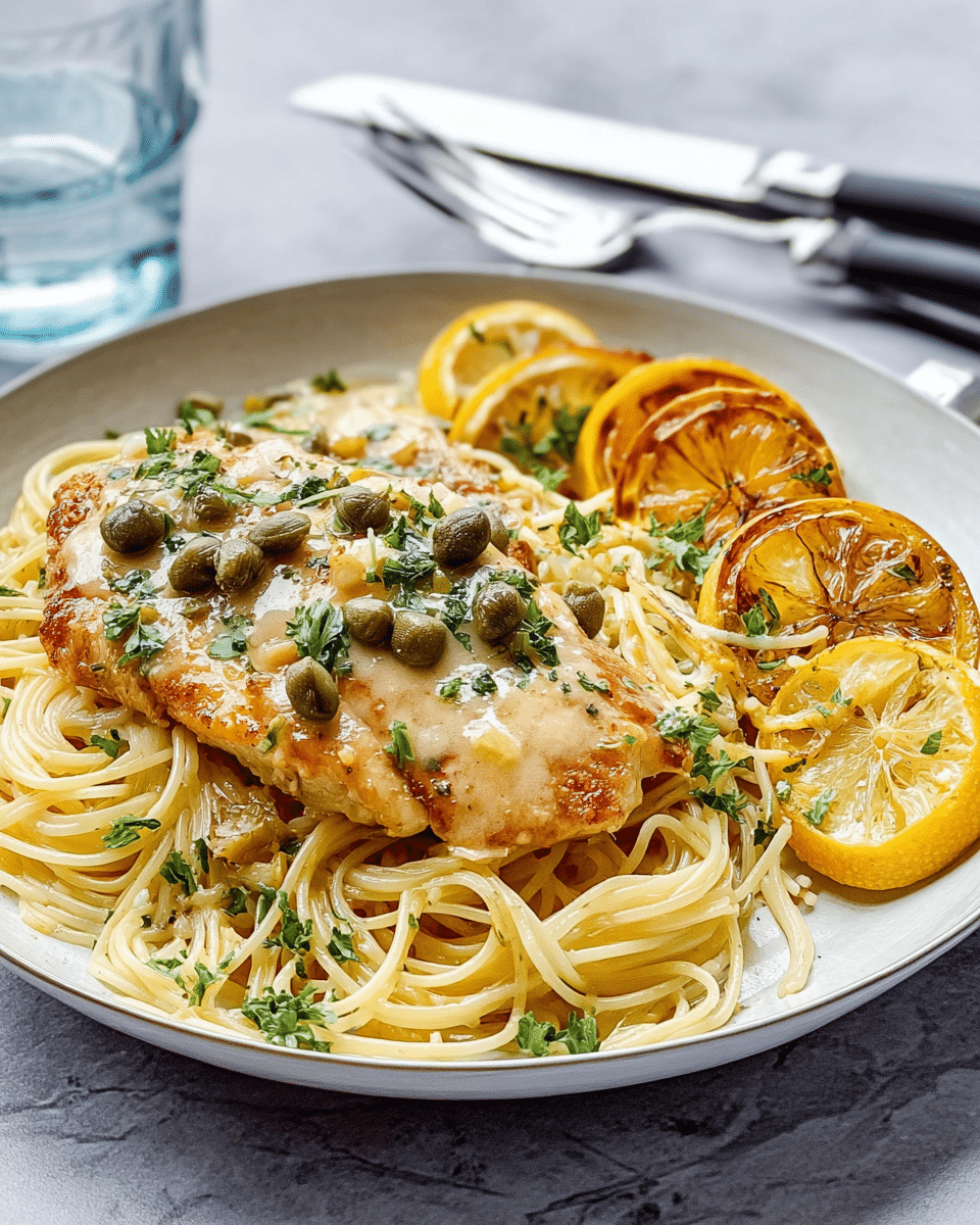 A white plate holds a dish with three main layers: the bottom layer is spaghetti noodles spread evenly in pale yellow with a slight shine, the middle layer is a golden brown cooked chicken breast covered in a light, creamy sauce with small green capers on top, and the top layer consists of chopped fresh green herbs sprinkled all over along with slices of cooked lemon arranged on one side in a mix of bright yellow and browned tones, all set on a white marbled surface with a glass of water and silver fork and knife with black handles in the background, photo taken with an iphone --ar 4:5 --v 7
