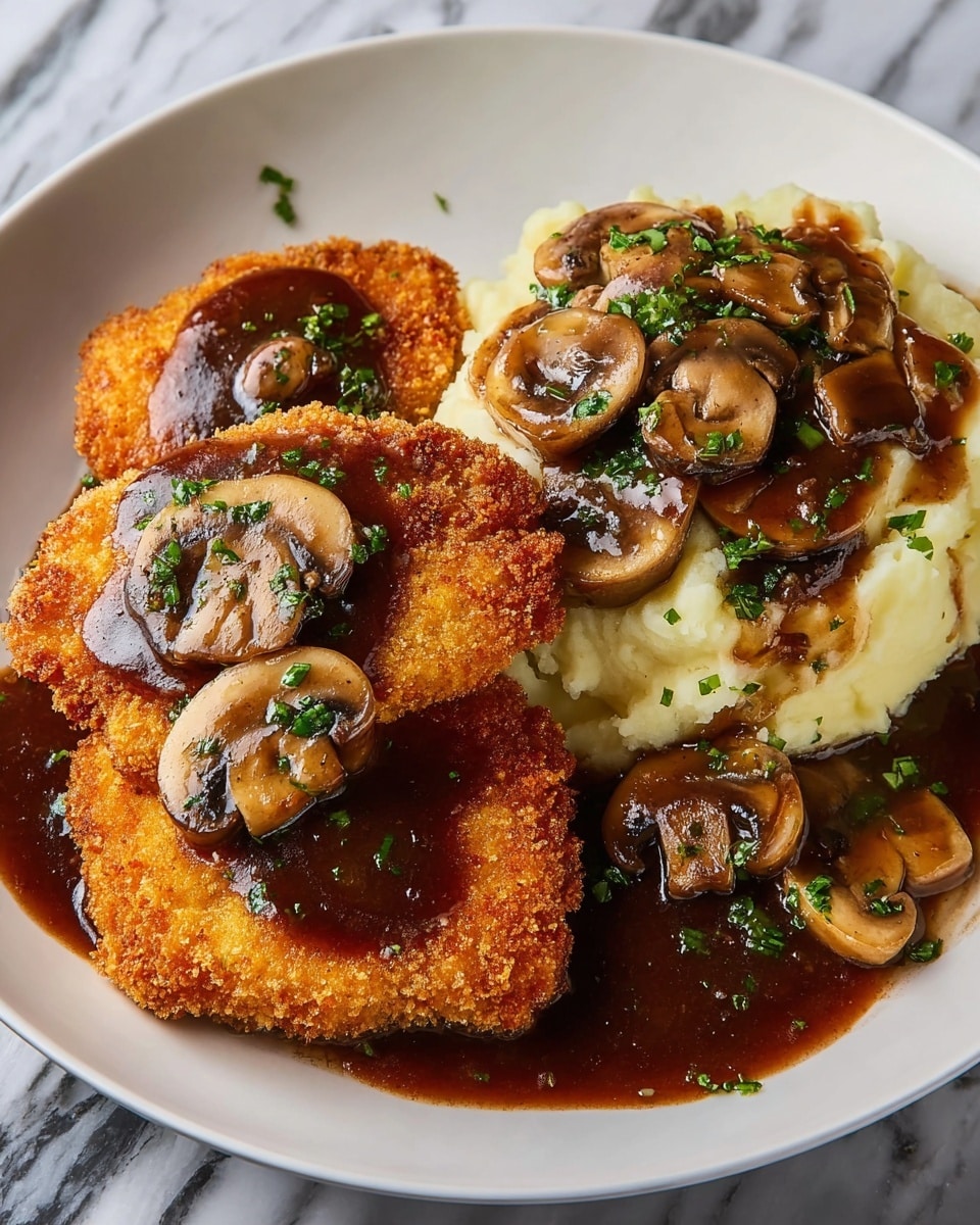 A white plate holds two large, golden-brown crispy fried patties, each topped with a generous layer of dark brown mushroom gravy with visible slices of cooked mushrooms and small green herb sprinkles. To the right of the patties is a smooth, creamy mound of light yellow mashed potatoes, also covered with some mushroom slices and gravy, garnished with small green herbs. The plate is set on a white marbled surface. photo taken with an iphone --ar 4:5 --v 7
