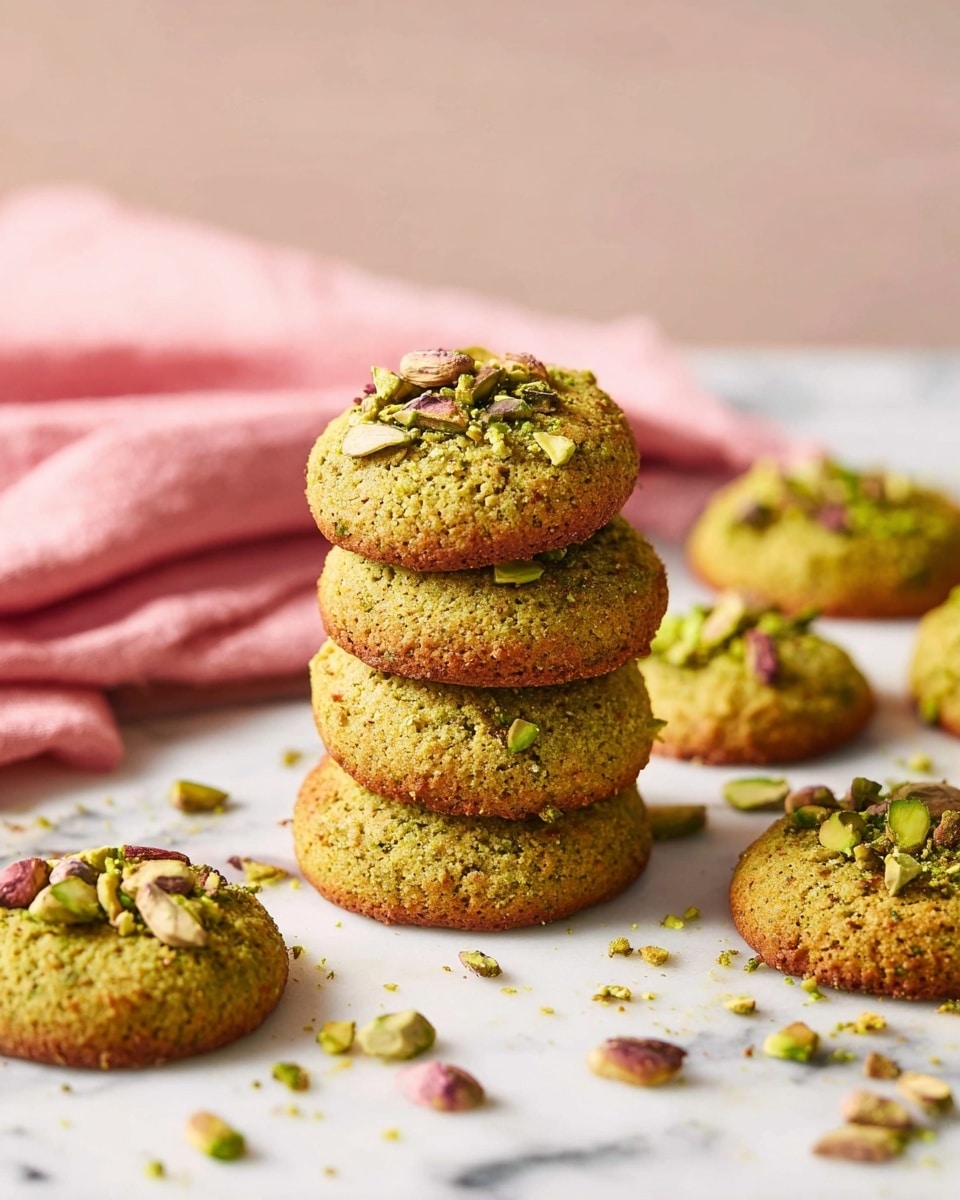 A stack of three round pistachio cookies sits on a white marbled surface, each cookie golden brown with a greenish hue and rough texture, topped with chopped, vibrant green pistachio pieces. Surrounding the stack are more pistachio cookies laid flat, scattered with crushed pistachio nuts, adding texture and bits of green and brown over the surface. In the background, a soft pink cloth is gently folded and blurred, while the backdrop features a subtle white hexagonal tile pattern. The scene is bright and clean, focusing on the cookies' crunchy and nutty appearance. photo taken with an iphone --ar 4:5 --v 7