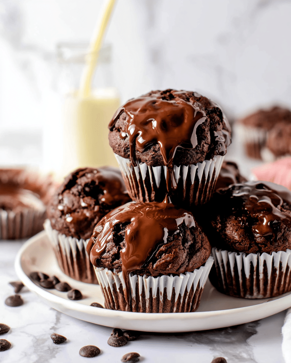 A white plate holds seven rich chocolate muffins, each wrapped in white-and-brown striped paper liners. The muffins have a deep brown, textured surface with melted chocolate dolloped on top in irregular swirls and globs, giving a glossy finish. The plate sits on a white marbled surface scattered with dark chocolate chips. The background is softly blurred, showing another muffin and a glass bottle filled with a light cream-colored drink with an orange straw. photo taken with an iphone --ar 4:5 --v 7