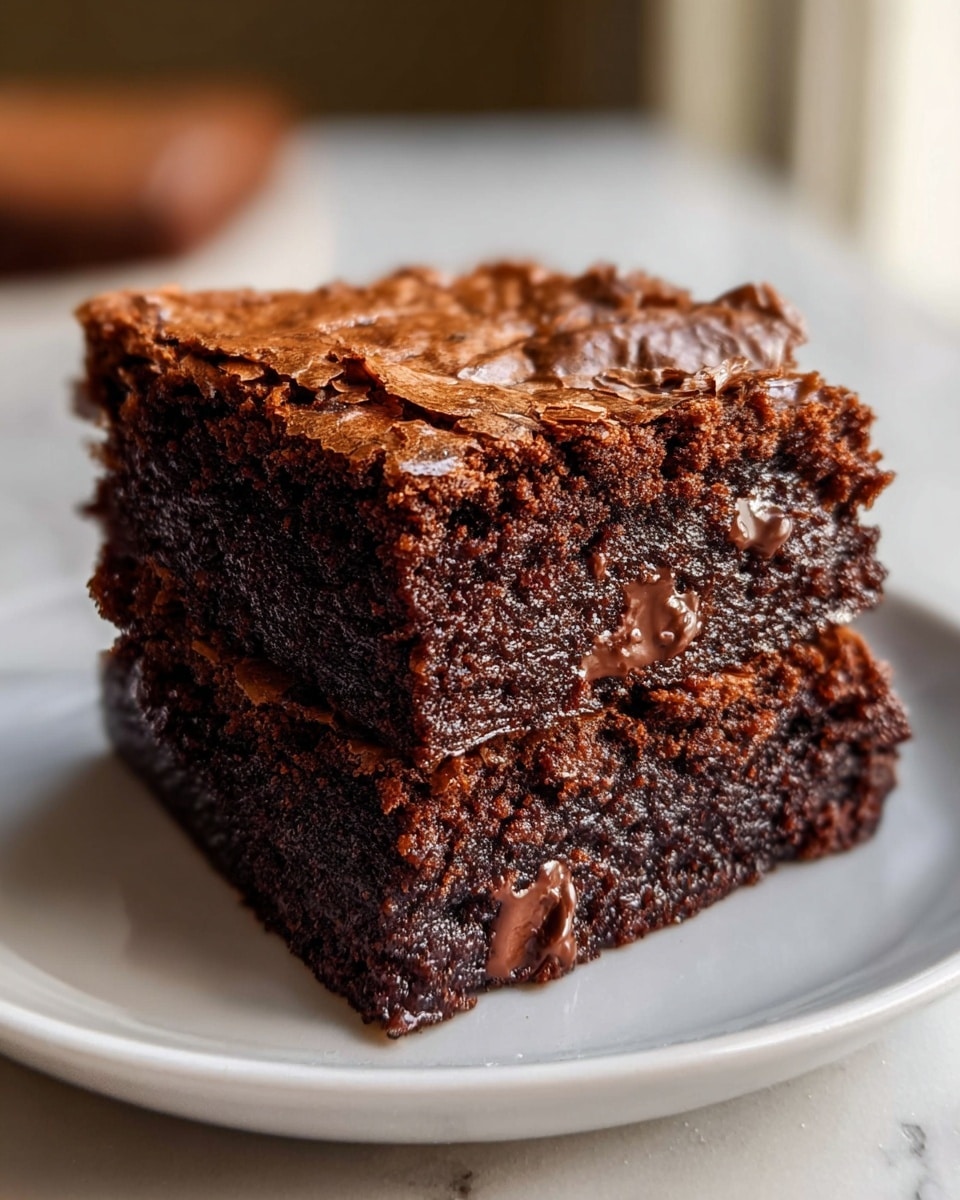 A square piece of rich brownies sits on a white plate, showing two main layers. The bottom layer is thick and dark brown, dense with melted chocolate spots inside, giving a moist look. The top layer is a slightly lighter brown with a shiny, cracked crust that looks crisp and flaky. The edges of the brownie are rough and crumbly. The plate is placed on a white marbled surface with a soft background light. photo taken with an iphone --ar 4:5 --v 7