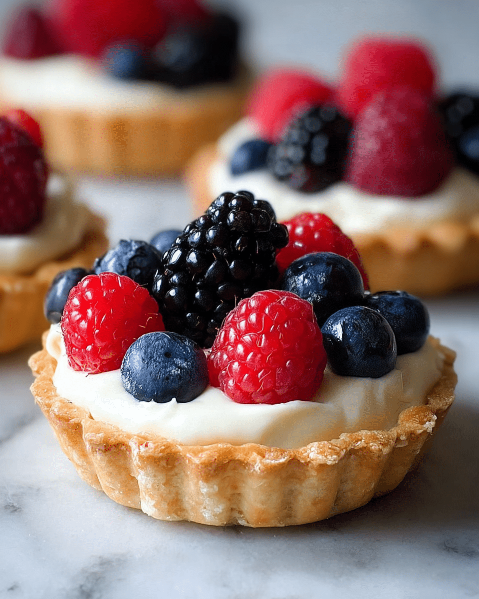 A small tart with four layers is shown closely. The bottom layer is a golden brown crispy crust with slightly crinkled edges. On top of the crust is a smooth, creamy white filling spread evenly. The top layer consists of fresh berries arranged on the cream: bright red raspberries, shiny black blackberries, and dark blue blueberries. The tart sits on a white marbled surface, and other similar tarts can be seen blurred in the background. photo taken with an iphone --ar 4:5 --v 7