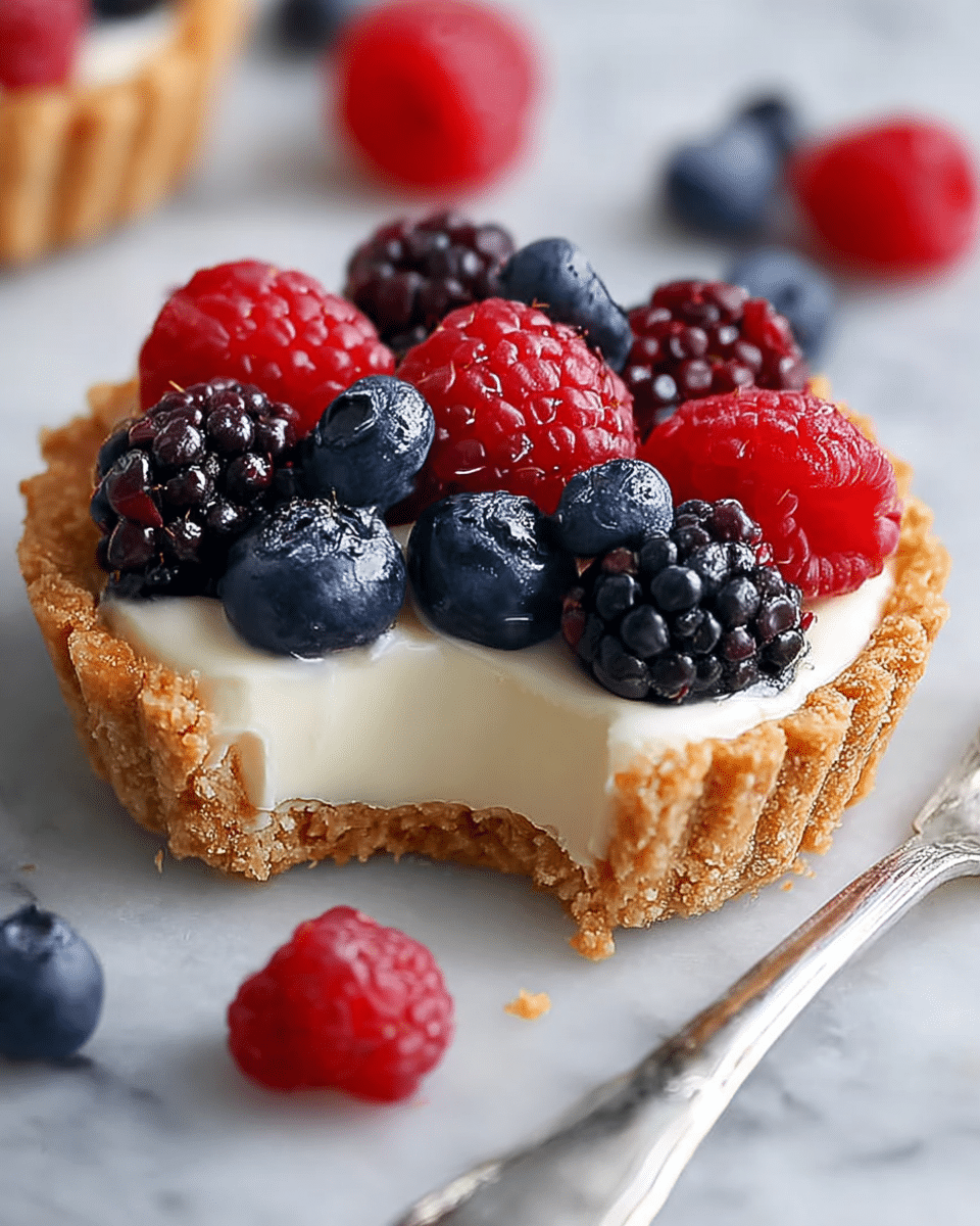 A small tart with a golden brown crumbly crust forms the bottom layer, holding a thick, smooth white cream filling in the middle layer. On top, a colorful mix of fresh berries including red raspberries, dark purple blackberries, and deep blue blueberries fill the tart evenly in the third layer. The tart is presented on a white marbled surface with some scattered berries around it, and a silver fork is visible nearby. One side of the tart has a small bite taken out, revealing the creamy inside. Photo taken with an iphone --ar 4:5 --v 7