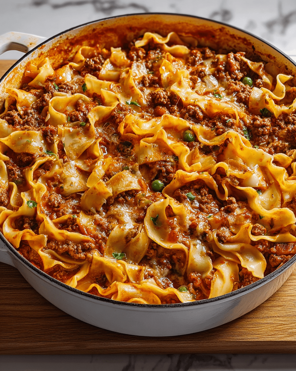 The dish is a close-up of a cooked pasta bake in a large white pot. The pasta has wide, wavy noodles layered unevenly across the pot. Mixed between the noodles are small chunks of browned ground meat, visible all over. There are bits of green vegetable pieces scattered throughout the dish, adding a pop of color amid the rich, reddish-brown sauce that coats the noodles and meat. The surface of the pasta shows a shiny, slightly oily texture from the warm sauce. The pot sits on a light wooden board with a white marbled texture in the background. photo taken with an iphone --ar 4:5 --v 7