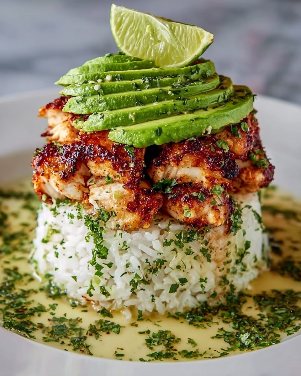 This dish is a tower made up of three clear layers on a white plate placed on a white marbled surface. The bottom layer is white rice, looking soft and sticky, sprinkled lightly with green herbs and some golden sauce that drips down the sides. The middle layer consists of avocado slices arranged upright around the base of the top layer, showing a bright green color with a smooth texture. The top layer is made of browned grilled chicken chunks, crispy on the outside with charred edges, and they are topped with curved slices of avocado drizzled with sauce and sprinkled with fresh green herbs. Around the plate, the sauce and herbs are spread in a casual pattern. photo taken with an iphone --ar 4:5 --v 7