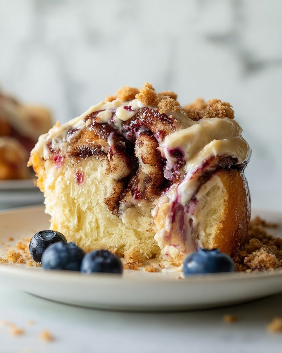 The image shows a close-up view of a tray filled with twelve cinnamon rolls arranged in a 3x4 grid. Each roll has three main visible layers: a golden-brown baked dough base with a flaky, slightly toasted texture; a thick swirl of smooth cream-colored frosting sitting on top of each roll; and a generous drizzle of glossy dark purple berry sauce over the frosting, which pools slightly in some areas. Scattered over each roll and the gaps between them are small pieces of crumbly streusel topping in a light brown color with a coarse, grainy texture. The entire tray of cinnamon rolls rests on a white marbled surface. photo taken with an iphone --ar 4:5 --v 7