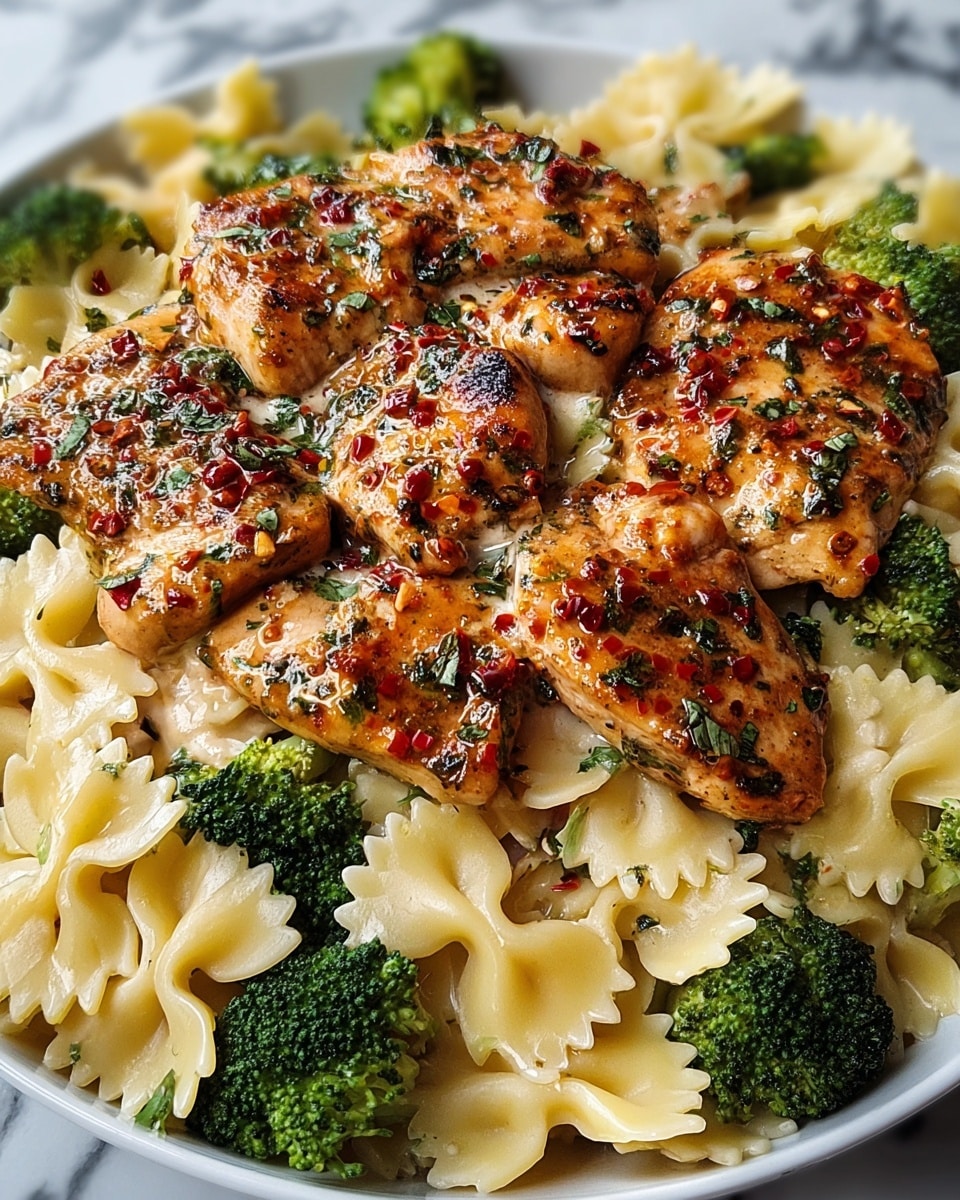 The image shows a white plate filled with three layers: the bottom layer is a bed of creamy farfalle pasta, pale yellow in color and slightly glossy. Above the pasta, small bright green broccoli florets are spread around. The top layer consists of several pieces of grilled chicken breast with a golden-brown surface, speckled with red chili flakes and green herbs, giving a shiny and textured look. The chicken pieces are arranged close together, partially covering the pasta and broccoli beneath. The dish appears moist and flavorful, placed on a white marbled surface. photo taken with an iphone --ar 4:5 --v 7