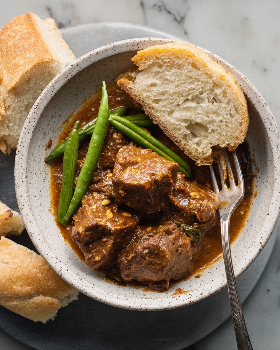 The dish is served in a white deep round pan with handles, filled with a rich brown sauce covering several large pieces of tender meat. On top, there are fresh long green beans and slices of bright red chili peppers with visible seeds, adding contrast to the brown sauce and meat. The surface under the pan is a white marbled texture, with a small white bowl of food and pieces of bread blurred in the background. Photo taken with an iphone --ar 4:5 --v 7