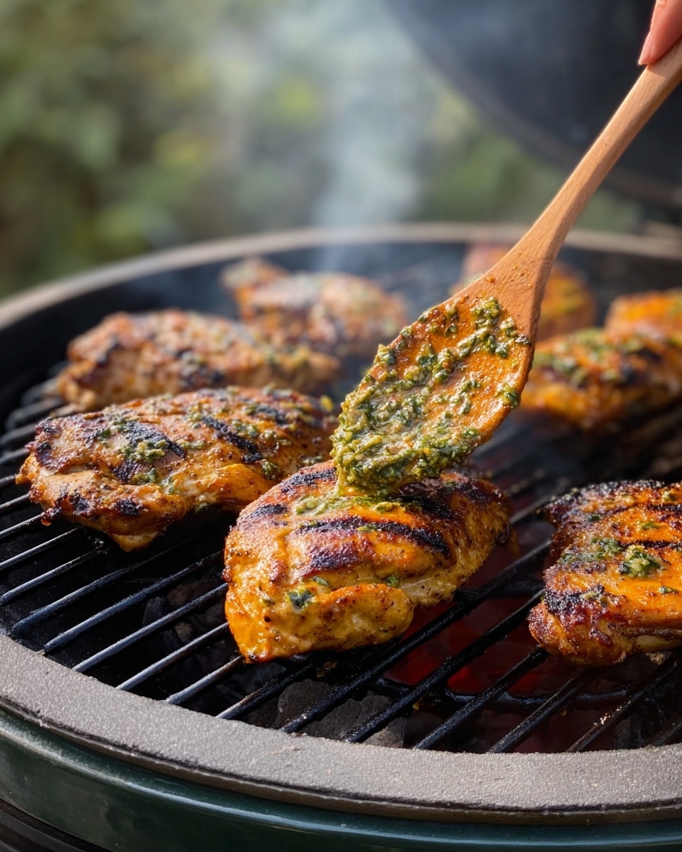 A metal tray holds seven pieces of cooked chicken thighs arranged closely together, showing a mix of golden brown and dark charred edges. Each piece has a glaze of green herb sauce, likely parsley or cilantro, smeared unevenly on top, giving a textured look of leafy greens and oil. The chicken skin looks crispy with a slightly rough surface, speckled with black pepper and seasoning. The tray rests on a white marbled surface that contrasts with the rich colors of the cooked chicken. photo taken with an iphone --ar 4:5 --v 7