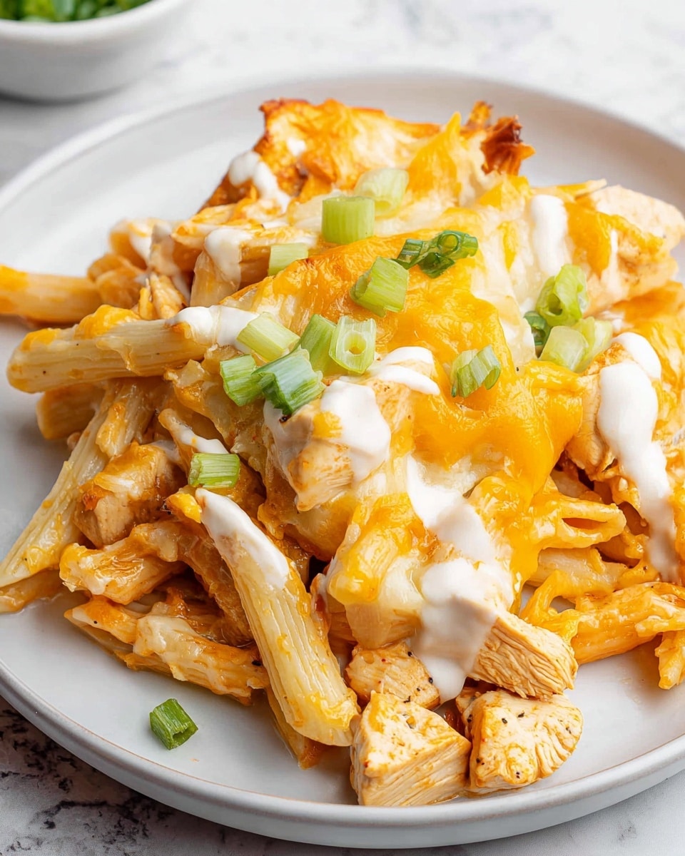 A white plate holds a layered dish starting with a base of creamy, orange-colored pasta coated in sauce, topped with chunks of cooked white chicken pieces. Melting yellow cheese covers part of the chicken and pasta, with a drizzle of smooth white sauce spread unevenly on top. Small, fresh green onion slices are scattered over the dish, adding a pop of color. A silver fork with a dark wooden handle rests on the side of the plate. The plate is set on a white marbled surface. photo taken with an iphone --ar 4:5 --v 7