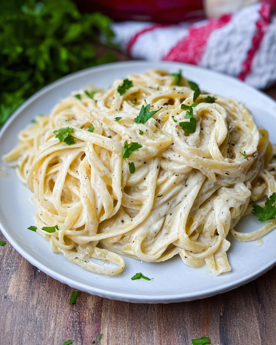 A close-up of creamy fettuccine pasta served on a white plate. The pasta strands are coated in a smooth, pale cream sauce with small specks of black pepper visible throughout. Scattered on top are small pieces of fresh green parsley, adding a touch of color contrast. The plate sits on a wooden surface with a soft focus on a red and white striped cloth and some green herbs in the background. The lighting highlights the glossy texture of the sauce on the noodles. Photo taken with an iphone --ar 4:5 --v 7