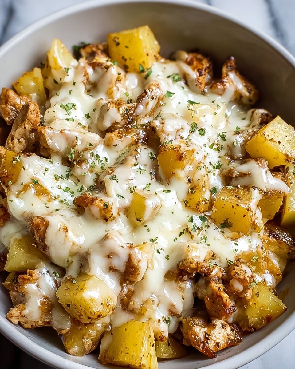 A close-up image of a bowl filled with two main layers: the bottom layer contains chunky golden yellow potato pieces and browned chicken chunks, all tossed together with visible herbs and spices giving a textured look; on top is a melted white cheese layer that is slightly stringy and creamy, evenly covering the ingredients below and sprinkled lightly with green herbs, all inside a white bowl placed on a white marbled surface. photo taken with an iphone --ar 4:5 --v 7