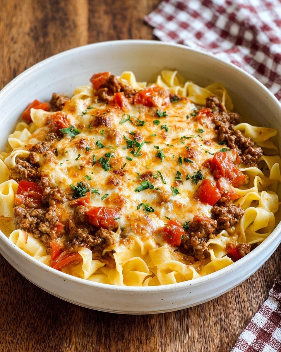 A close-up of a rustic beige ceramic bowl filled with a layered pasta dish on a white marbled surface. The base layer consists of cooked wide egg noodles mixed with browned ground beef and chunks of bright red tomatoes in a hearty sauce. On top, there is a golden melted cheese layer with bubbly, slightly browned spots, sprinkled with small bits of fresh green parsley. The mix of textures from the soft pasta, chunky meat, juicy tomatoes, and gooey cheese creates a rich and inviting look. photo taken with an iphone --ar 4:5 --v 7