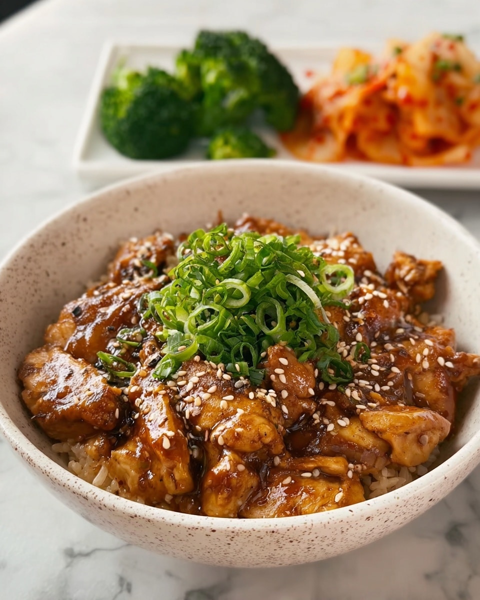 A white speckled bowl filled with a dish showing multiple layers: the bottom layer is soft white rice, covered by a thick sauce with a light brown color and tender cooked chicken pieces scattered on top, some with slight grill marks. The chicken is coated in a glossy glaze mixed with sesame seeds sprinkled all over. On the center top, there is a small pile of fresh sliced green onions adding a bright green color. In the blurry background, there is a white plate with green broccoli florets and orange vegetable fritters, all placed on a white marbled surface. Photo taken with an iphone --ar 4:5 --v 7