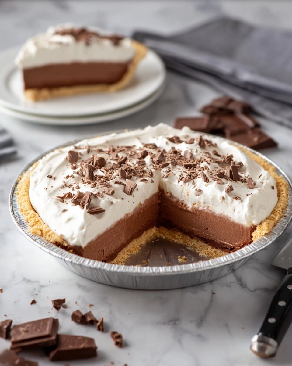 A pie shown in a silver pie pan with a missing slice revealing three layers: a dark brown crumbly crust at the bottom, a thick middle layer of smooth milk chocolate filling, and a thick top layer of creamy white whipped topping. The whipped topping is sprinkled with scattered pieces of chopped chocolate and small crumbs. The pie sits on a white marbled surface with a metal knife and blocks of milk chocolate nearby, and a slice of pie on a white plate blurred in the background. Photo taken with an iphone --ar 4:5 --v 7