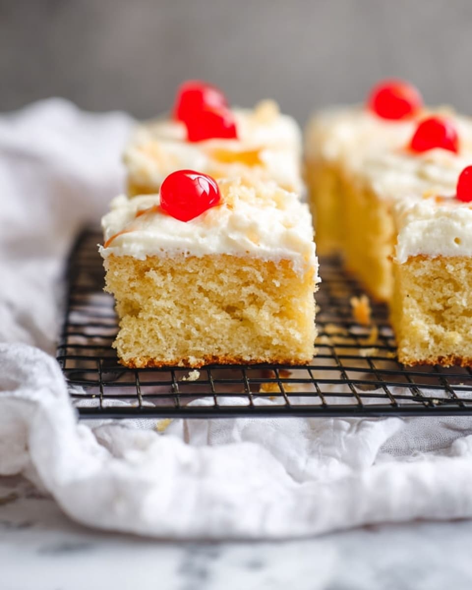 The image shows square pieces of cake placed on a black wire cooling rack over a white cloth. Each piece has two layers: the bottom layer is a thick, golden yellow sponge cake with a soft, airy texture, and the top layer is a lighter, creamy yellow frosting with a slightly rough surface. There are bright red cherries placed neatly on top of each piece. The background is a white marbled texture that contrasts softly with the cake. Photo taken with an iphone --ar 4:5 --v 7
