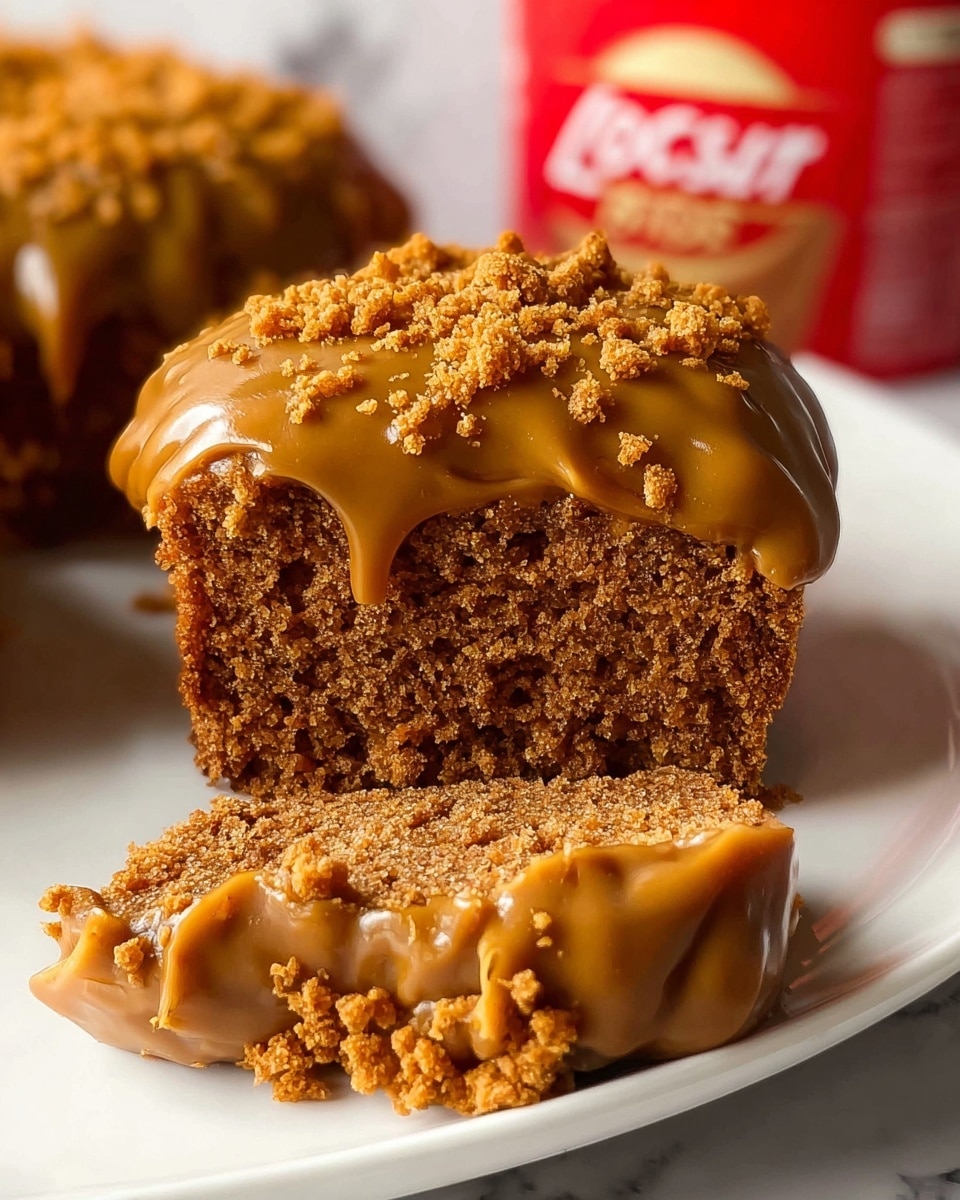 A close-up view of a dessert featuring a thick, soft brown cake base with a slightly crumbly texture, topped with a smooth, glossy caramel-colored spread that covers the top and drips slightly down the sides, sprinkled with fine crumbly bits of the same cake. In front of it, a piece of the cake is broken off, showing the dense interior with moist brown layers. The dessert sits on a white plate with a white marbled surface in the background, partially blurred packaging of a red Lotus Biscoff container can be seen behind the dessert. Photo taken with an iphone --ar 4:5 --v 7