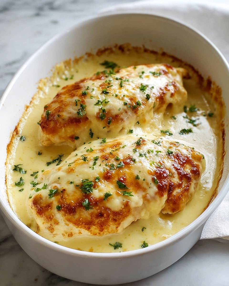 Two golden brown baked chicken breasts are placed side by side in a white oval dish, each covered with a thick layer of creamy, light yellow cheese sauce that glistens with a smooth texture. The sauce pools slightly at the bottom of the dish, surrounding the chicken. Green parsley flakes are sprinkled evenly over the cheese topping, adding small pops of color. The edges of the dish show slight browning from cooking, enhancing the warm, home-cooked feel. The dish is set on a white marbled surface. Photo taken with an iphone --ar 4:5 --v 7