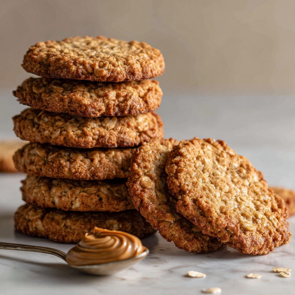 A single round, brown oatmeal cookie with a rough and crumbly texture lies flat on a white marbled surface. On top of the cookie sits a creamy scoop of light beige ice cream with a smooth, slightly grainy texture and some small specks visible inside. In the background, a tall stack of similar brown oatmeal cookies is blurred, showing layers of thin, flat, and crisp cookies piled neatly. To the right of the cookie with ice cream, there is a small dab of peanut butter with a shiny, sticky texture. Photo taken with an iphone --ar 4:5 --v 7