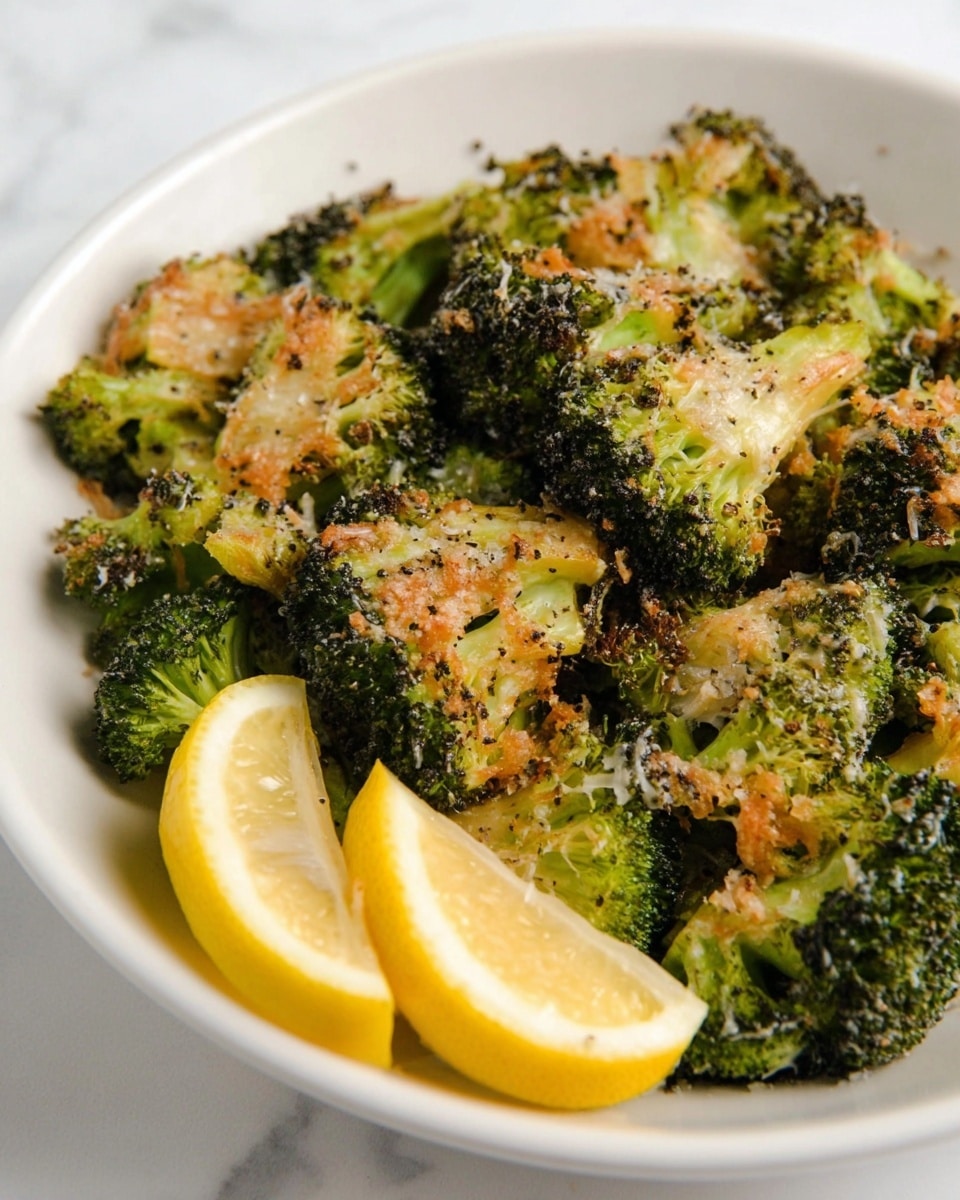 This image shows a close-up of roasted broccoli florets topped with melted golden-brown cheese and black pepper specks. The broccoli pieces are bright green with some parts slightly charred and crispy around the edges. The cheese layer is thin but uneven, with bubbly, browned spots covering the top of the broccoli. In the top right, there are two lemon wedges adding a yellow contrast. All the food is arranged on a white plate placed on a white marbled surface. photo taken with an iphone --ar 4:5 --v 7