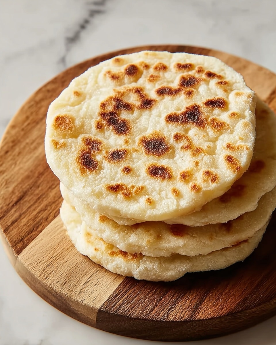 A stack of four round, slightly puffy pancakes with a light beige color and scattered golden-brown spots on their tops is placed on a round wooden board with two shades of brown. The pancakes show a soft, bubbly texture on their surface, and the edges are slightly uneven. The wooden board rests on a white marbled textured surface. photo taken with an iphone --ar 4:5 --v 7