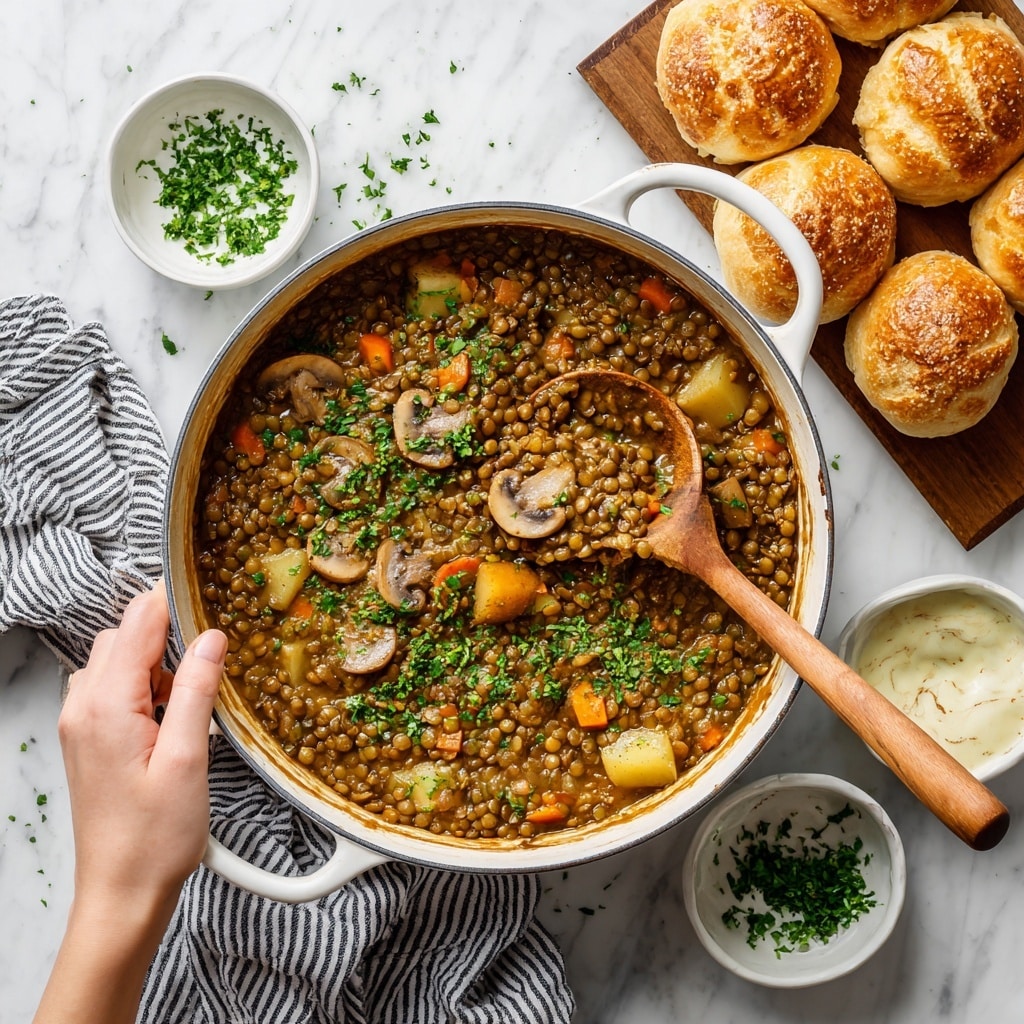The image shows a white pot filled with a thick lentil stew that has multiple visible layers: dark brown lentils mixed with sliced mushrooms, chunks of orange carrot, and light yellow potato pieces all floating in a rich brown sauce. The stew is garnished with bright green chopped herbs, scattered evenly on top. A wooden spoon with a smooth texture is partially submerged in the stew, resting on the edge of the pot. Next to the pot, there is a wooden board with round, golden-brown bread rolls torn open to show their soft, white inside. Two small white bowls sit nearby, one filled with finely chopped green herbs and the other with a light-colored creamy sauce, all placed on a white marbled surface. A woman's hand is holding the pot’s handle, and a striped black and white cloth is tucked under the pot. Photo taken with an iphone --ar 4:5 --v 7