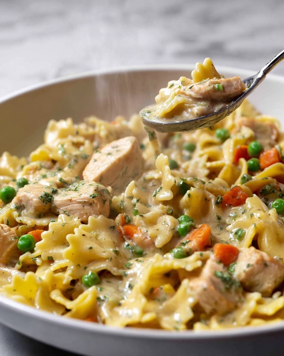 A close-up view of a creamy chicken pasta dish served in a white bowl, with three visible layers: tender, light yellow egg noodles with a ruffled texture forming the base and top layers, chunks of cooked chicken in the middle layer that are light brown and moist, and mixed vegetables like bright orange carrots and vibrant green peas scattered evenly throughout. The pasta and chicken are coated in a rich, creamy white sauce with small green herb flecks, and steam rises softly from the bowl, highlighting the dish's warmth. A silver fork lifts a portion of noodles and chicken from the bowl, adding depth to the image with a white marbled surface blurred in the background. photo taken with an iphone --ar 4:5 --v 7