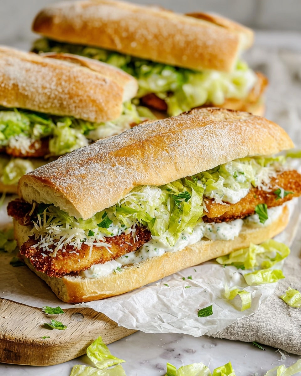 The image shows three long sandwiches stacked on a white marbled surface, each made of a light golden toasted sandwich roll. The first layer inside the sandwich is a crispy golden brown fried fillet, followed by fresh light green leafy lettuce mixed with creamy white sauce. The top part of the sandwich roll is dusted with fine white grains, likely cornmeal, giving it a textured look. Some shredded white cheese is sprinkled over the lettuce and fried fillet. The sandwiches are placed on white parchment paper set on a light wooden board, with scattered lettuce pieces around, creating a fresh, casual presentation. photo taken with an iphone --ar 4:5 --v 7
