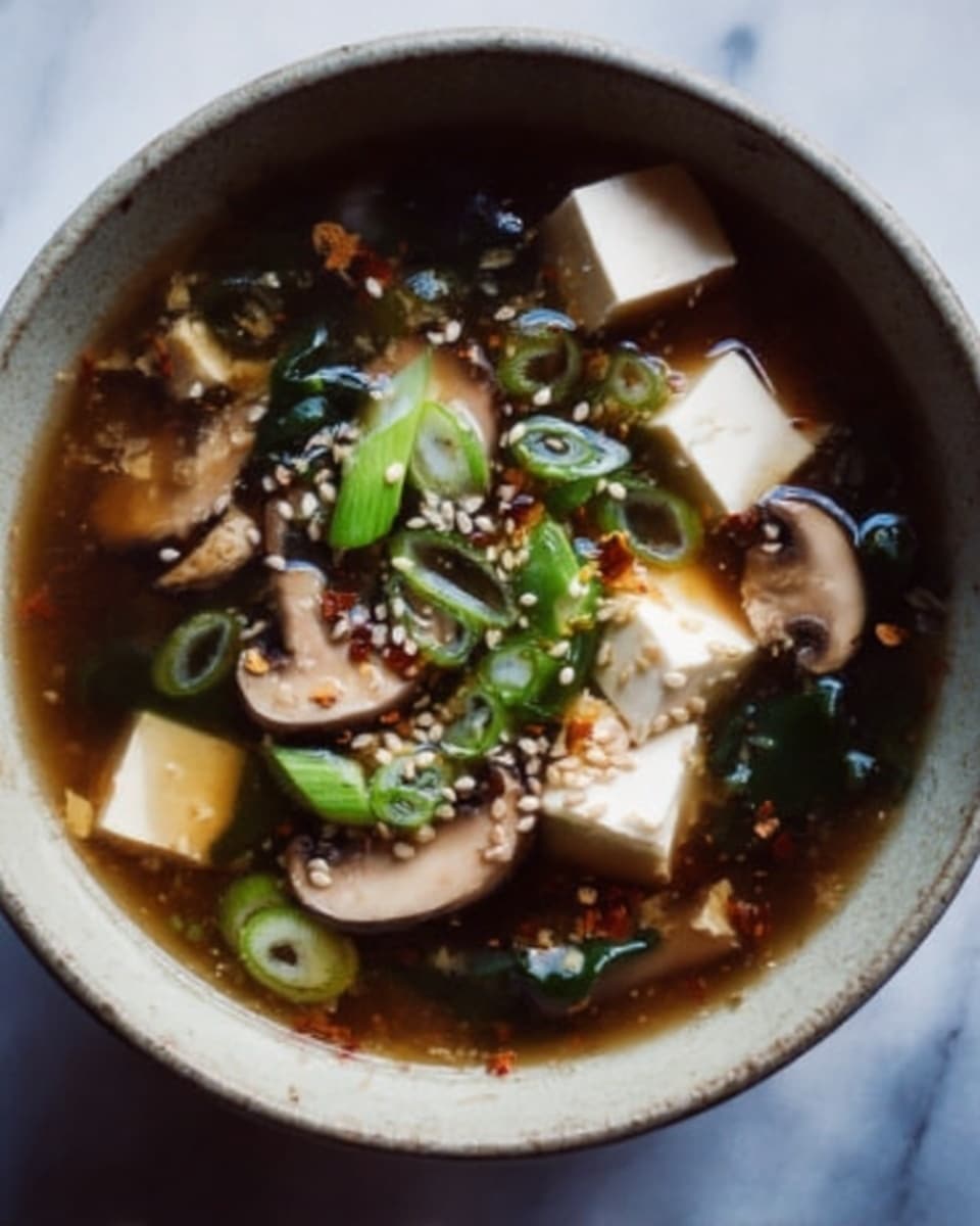 The image shows a bowl of soup with clear broth, filled with white tofu cubes, sliced brown mushrooms, and green onions floating on top. The soup is served in a white bowl with a simple texture, placed on a white marbled surface. The broth has a warm, light brown color and small sesame seeds are sprinkled over the soup. The ingredients are layered naturally in the soup, creating a fresh and inviting look. Photo taken with an iphone --ar 4:5 --v 7