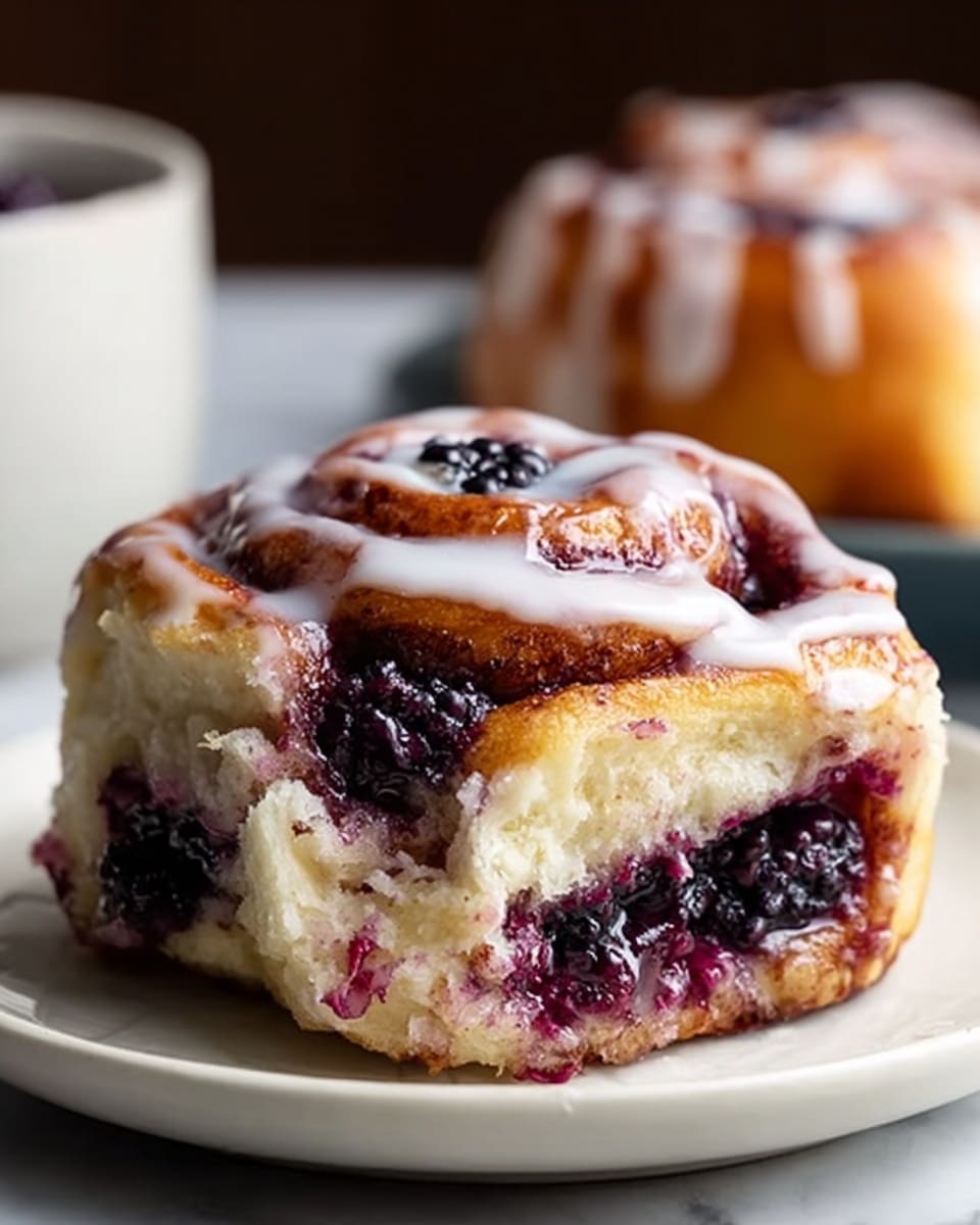 A close-up view of a single cinnamon roll on a white plate, showing three main layers: the base with soft, light golden-brown dough, swirled with a deep purple-black blackberry jam filling that seeps out slightly at the sides, topped with a white icing glaze that runs down the sides, and crowned by a whole glossy blackberry sitting right in the center of the top swirl. The background is soft and dark, with a blurred cup adding depth, all set on a white marbled texture surface. Photo taken with an iphone --ar 4:5 --v 7