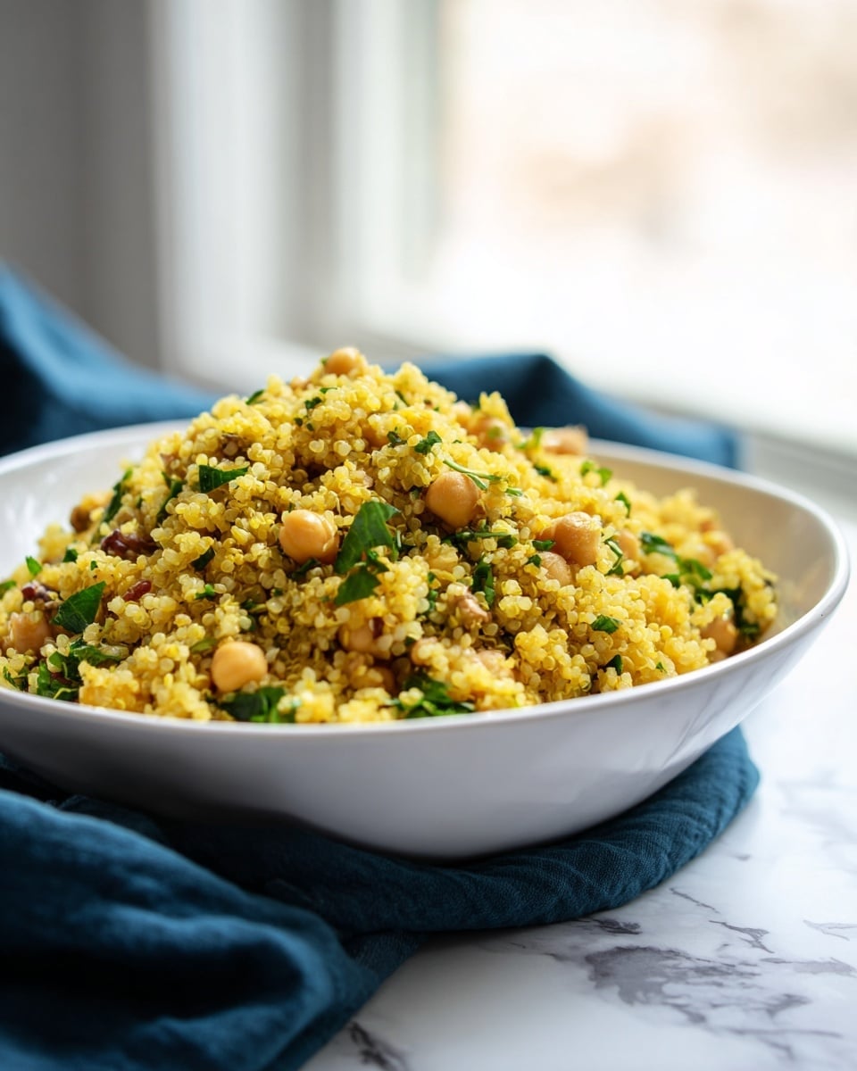 A white bowl filled with three main layers: a base of small, fluffy yellow quinoa grains, mixed with whole beige chickpeas and scattered chopped green leafy herbs; visible small pieces of brown nuts add texture throughout the dish. A silver spoon rests inside the bowl on the right side. The bowl sits on a white marbled surface with some fresh green parsley sprigs nearby and a dark blue cloth partially under the bowl. photo taken with an iphone --ar 4:5 --v 7