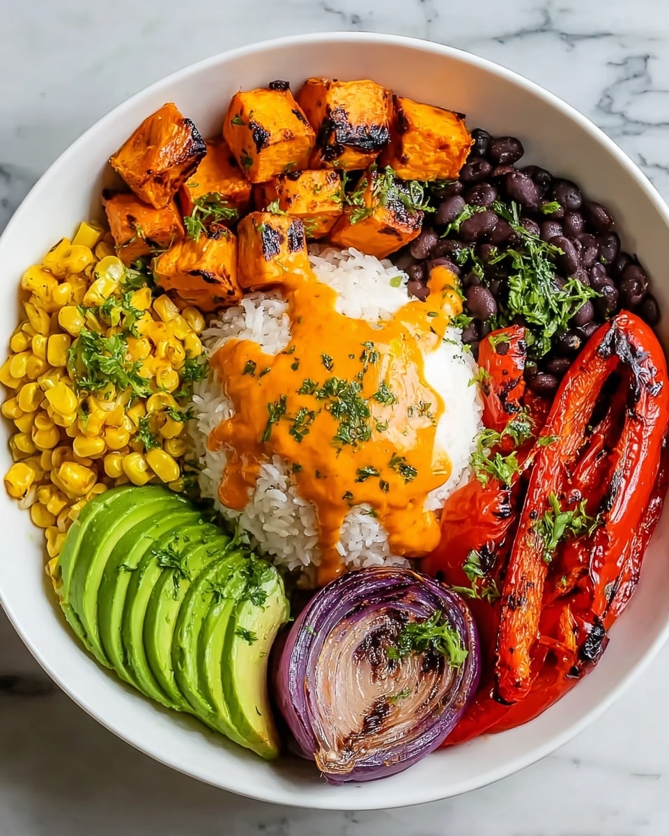 A white bowl holds a colorful layered dish arranged in sections. At the center, there is a neat mound of white rice topped with a drizzle of orange sauce and sprinkled with chopped green herbs. Around the rice, starting at the top and moving clockwise, there are large cubes of roasted orange sweet potatoes with a slightly charred texture, black beans mixed with chopped herbs and drizzled with the same orange sauce, charred red bell pepper slices, thinly sliced purple onions with some orange sauce on them, fanned slices of green avocado with orange sauce drizzled over, and golden roasted corn kernels garnished with chopped green herbs. The bowl sits on a white marbled surface. Photo taken with an iphone --ar 4:5 --v 7