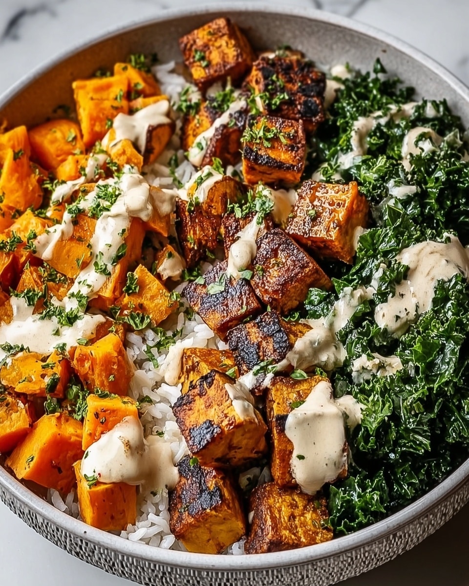 A round white bowl filled with four main layers neatly arranged in sections: bright orange roasted sweet potato cubes on the left, dark green cooked kale on the right, and at the center, brown grilled tofu cubes with a slightly charred texture. Underneath all, a layer of white rice forms the base. The tofu and sweet potatoes are drizzled with a creamy light beige sauce and sprinkled with chopped fresh green herbs. The bowl sits on a white marbled surface. Photo taken with an iphone --ar 4:5 --v 7