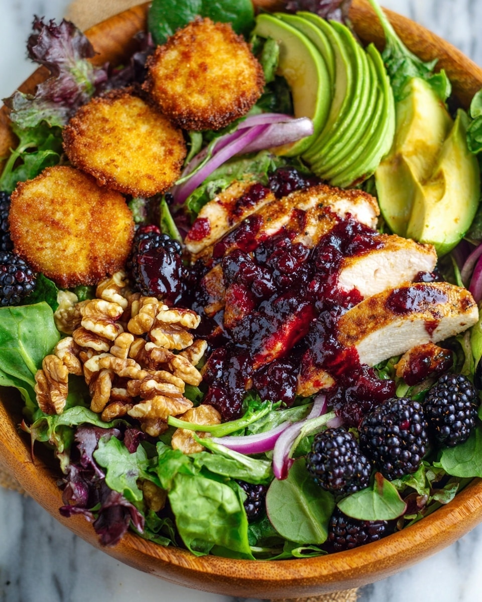 A wooden bowl filled with a fresh salad on a white marbled texture surface. The base layer is a mix of green and purple leafy lettuce. On the left side, there is a layer of golden brown crispy fried rounds stacked together. Next to it, several halves of a bright green avocado are placed at the top left. In the center, thick slices of grilled chicken breast with a dark red sauce drizzled on top lean over the greens. The right side is covered in a dense layer of dark purple-blackberries scattered over the salad. Thin slices of red onion and a few walnut pieces are sprinkled on the bottom left and around the bowl. In the blurred background, a woman's hand holding a white cup is visible. Photo taken with an iphone --ar 4:5 --v 7