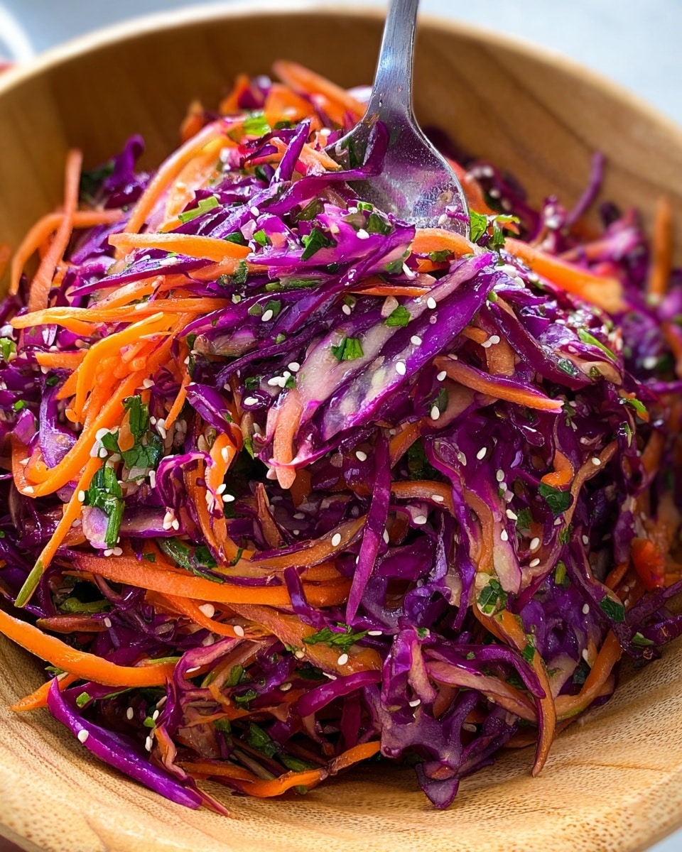A close-up of a fresh salad piled in a mound on a white plate with a brown rim, placed on a white marbled surface. The salad consists of thin curls and shreds of bright purple cabbage mixed with thin strips of orange carrot, scattered with small green leafy herbs throughout. The texture is crisp and slightly glossy, topped with a thin layer of tiny white sesame seeds sprinkled evenly over the top, adding a touch of contrast. The cabbage strands are loose and textured, while the carrot strips are smooth and slightly curved, all forming a colorful, fresh, and inviting stack. photo taken with an iphone --ar 4:5 --v 7
