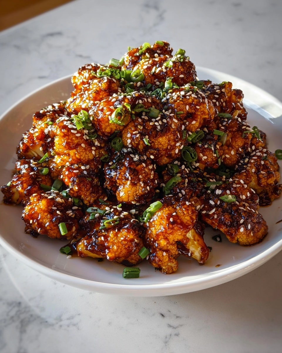 A white plate holds a heap of crispy cauliflower florets coated in a thick, shiny dark brown sauce, creating a sticky layer over each piece. The cauliflower’s orange-golden texture peeks through under the sauce. The dish is sprinkled generously with white sesame seeds and small, bright green chopped scallions, adding a fresh contrast. The florets are piled high in the center of the plate, with the glossy sauce catching the light, making the dish look rich and flavorful. The photo is taken on a white marbled surface with natural light highlighting the details. photo taken with an iphone --ar 4:5 --v 7