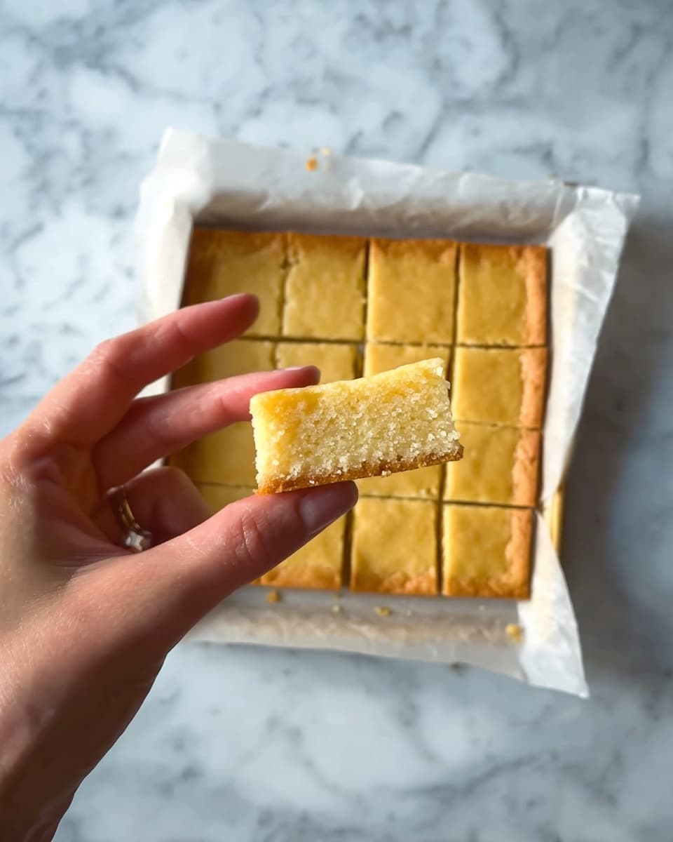 The image shows a close-up of a woman's hand holding a square piece of shortbread with two visible layers: a golden brown top crust and a lighter yellow bottom layer. In the background, there is a white marbled surface with a larger square tray of shortbread cut into nine pieces on parchment paper. The shortbread has a smooth texture with slightly crumbly edges. Photo taken with an iphone --ar 4:5 --v 7